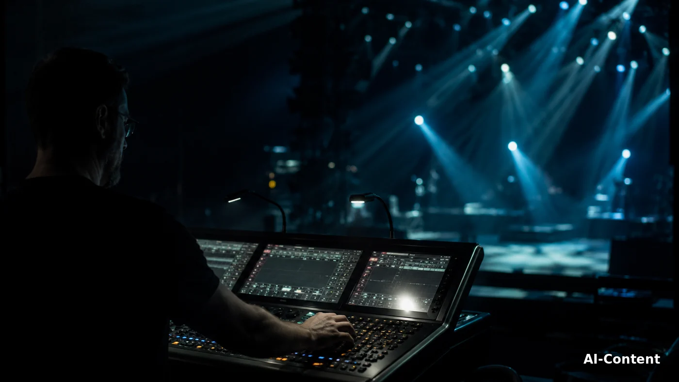 KI-generierte Stage-Control- und Lichtpult-Szene